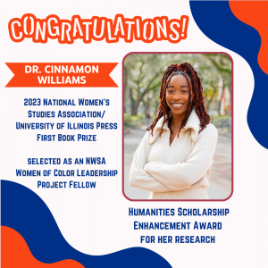 Congratulations to Dr. Williams for winning a Humanities Scholarship Enhancement Award